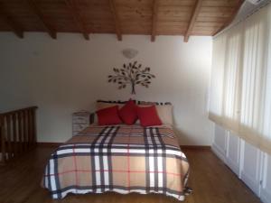 a bedroom with a bed with red pillows at Atrium House - Boletsis in Anapaftíria