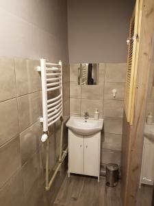 uma casa de banho com um lavatório branco e um espelho. em Libroom na Cracóvia