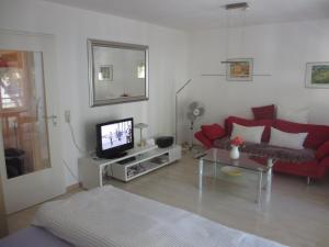 a living room with a red couch and a tv at Im Zentrum Katharinenstr. in Freiburg im Breisgau