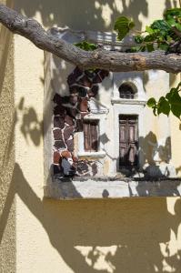 an old window on a building with a tree branch at Smaragdi in Perivolos