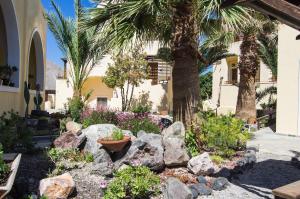 a garden in front of a house with palm trees and rocks at Smaragdi in Perivolos