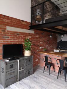 a kitchen with a tv on top of a brick wall at LoftStyle Apartament in Żyrardów