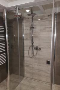 a shower with a glass door in a bathroom at LoftStyle Apartament in Żyrardów