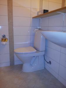 a bathroom with a white toilet and a sink at Westland Hotel in Lindås