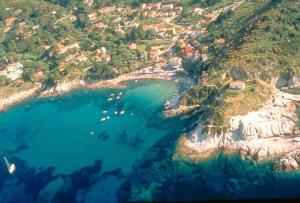 una vista aerea di una spiaggia con acqua blu di Casa Miclara monolocale -- Mandorlo a Marciana