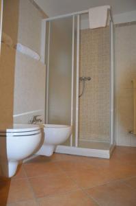 ein Bad mit einem WC, einem Waschbecken und einer Dusche in der Unterkunft Studio Casta in Bellagio