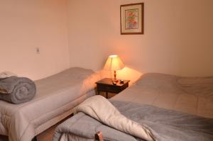 Hotel Maristela في ساو جواكيم: سريرين في غرفة مع مصباح على طاولة