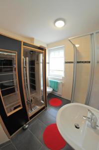 La salle de bains est pourvue d'un lavabo, d'une douche et de toilettes. dans l'établissement Ferienhaus Müritzidyll / OG-Appartement, à Marienfelde