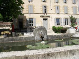una fuente de agua frente a un edificio en La Grande Maison en Montmeyran