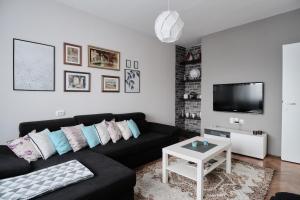 a living room with a black couch and a tv at Fortress view apartment in Novi Sad