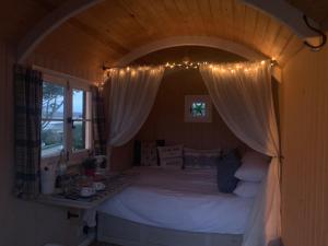 a bedroom with a canopy bed with lights on it at Loch Eyre Shepherd Hut in Portree