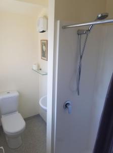 a white bathroom with a toilet and a shower at The Lazy Cow Accommodation in Murchison
