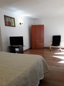 a bedroom with a bed and a tv and a chair at Mediterraneo Apartments (Recreo) in Viña del Mar