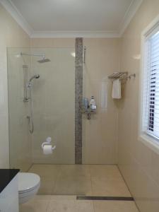 a bathroom with a toilet and a shower stall at Colin's Garden in Bomaderry