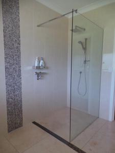 a shower stall with a glass shower door at Colin's Garden in Bomaderry