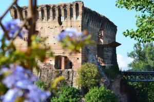 a castle on a hill with purple flowers in the foreground at Il Borghetto Vacanze nei Mulini in Valeggio sul Mincio