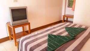 a room with a tv and a bed with two pillows at Tamarind Guesthouse in Kanchanaburi