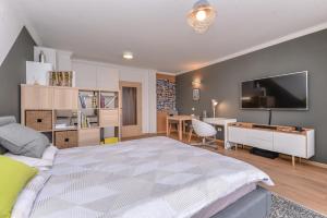 ein Schlafzimmer mit einem Bett, einem Schreibtisch und einem Fernseher in der Unterkunft The Spot - fully equipped, central, modern studio by Flat Mаnager in Sofia