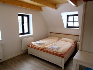 sypialnia z łóżkiem na poddaszu z dwoma oknami w obiekcie Rodinný hotel Pod Bílou skálou w mieście České Křižánky