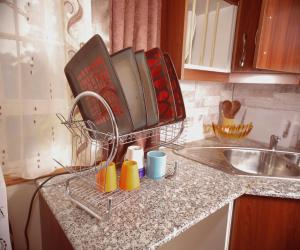 a kitchen counter with a drying rack next to a sink at Sherry Homes - Kwetu in Nairobi