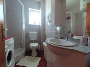 ein Badezimmer mit Waschbecken und Toilette und einem Fenster in der Unterkunft Apartment Blue Sky in Novalja
