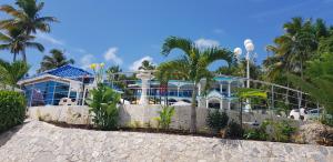 a blue house with palm trees in front of it at casaenjoysamana in Los Naranjos