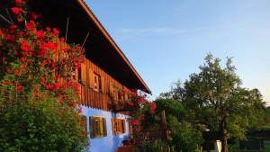 ein Gebäude mit roten Blumen auf der Seite in der Unterkunft Blumenoase Allgäu in Schwanden