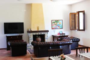 a living room with leather furniture and a fireplace at Casale Acquaviva with private pool in Torchiara