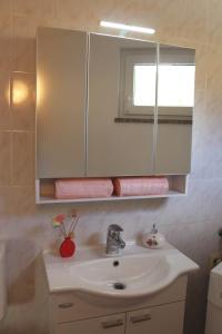 La salle de bains est pourvue d'un lavabo et d'un miroir. dans l'établissement Apartmaji Pippi, à Bovec
