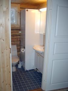 La salle de bains est pourvue de toilettes et d'un lavabo. dans l'établissement Kalliomajat, à Ylivalli