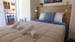um quarto com uma cama grande e toalhas em VVF Haute Provence em Lagrand