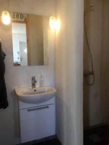 a bathroom with a sink and a mirror at Understedvej 103 in Sæby