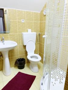 a bathroom with a toilet and a sink and a shower at Hotel Restaurant Enigma Plopeni in Plopeni