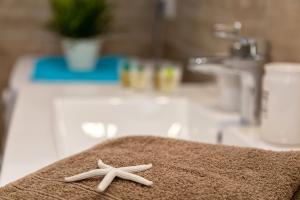 twee zeesterren die bovenop een handdoek in een badkamer zitten bij Casa Olivastro Vista Mare in Santa Maria Navarrese +25 foto's