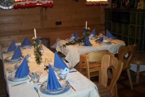 uma mesa com chapéus de festa azuis em cima em Pension Frauenschuh em Hirschbach