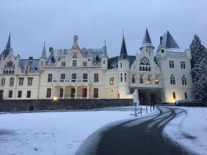 Residenz Kommende في بون: قلعة مغطاة بالثلج أمام مبنى