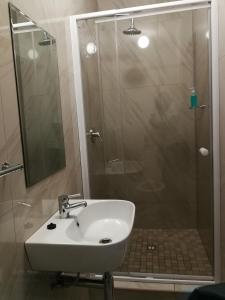 La salle de bains est pourvue d'un lavabo et d'une douche. dans l'établissement Emangunini Guest house, à Richards Bay