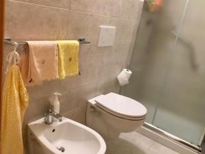 een badkamer met een toilet, een wastafel en een douche bij Casa Grangeon in La Thuile +34 foto's