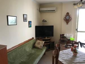 ein Wohnzimmer mit einem grünen Sofa und einem Flachbildfernseher in der Unterkunft Ap Relax , Golem - Mali robit in Golem