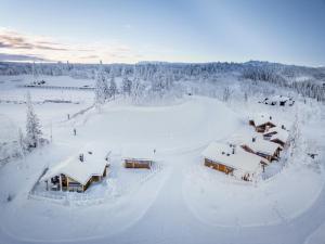una vista aérea de una casa cubierta de nieve en Liapark, en Al