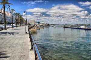 a river with boats in a city with palm trees at Leo Punta Umbría in Punta Umbría