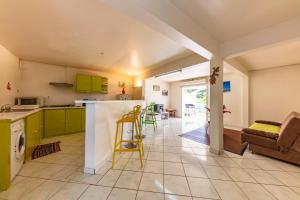 a kitchen and living room with green cabinets at Villa Nature in Ducos