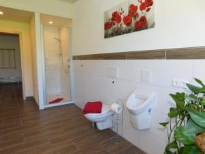 a bathroom with a toilet and a sink and a shower at Ferienwohnung Linder in Hopferau