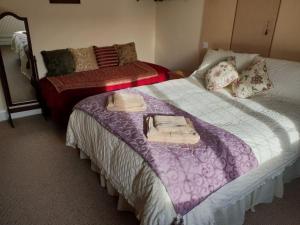 1 Schlafzimmer mit 2 Betten und einer lila Decke in der Unterkunft Sunnycroft in Sutton on Sea