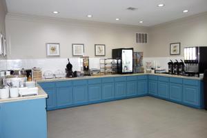 a kitchen with blue cabinets and a counter top at Country Inn & Suites by Radisson, Round Rock, TX in Round Rock