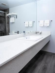 a bathroom with two sinks and a mirror at Argyll Plaza Hotel in Edmonton