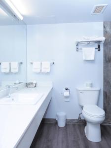a white bathroom with a toilet and a sink at Argyll Plaza Hotel in Edmonton