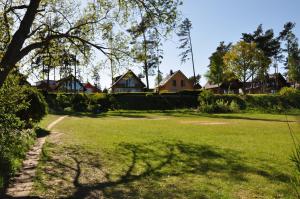une pelouse avec des maisons en arrière-plan et un arbre dans l'établissement Ferienhaus Müritzidyll / EG-Appartement, à Marienfelde 11 autres photos