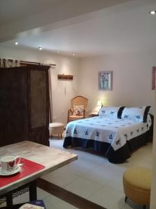 a bedroom with a bed and a chair and a table at Aparts de los Pajaros in El Calafate