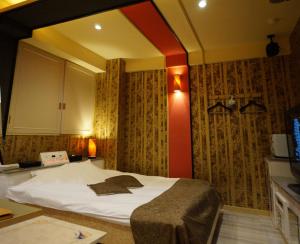 1 dormitorio con 1 cama en una habitación con cortinas en Shonan Sirene (Adult Only), en Hiratsuka